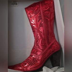 Red Sequin Embellished Women's Boots